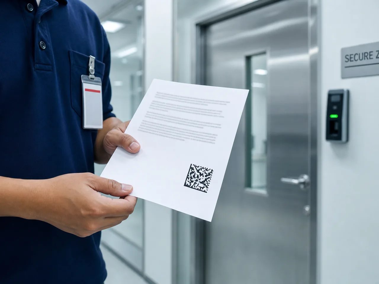 Industrial barcode-verification scanner reading a 2D barcode on a printed page